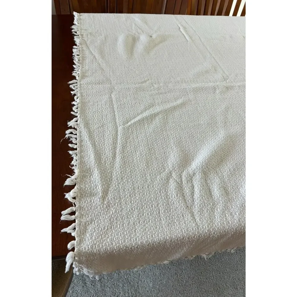 Oversized Cream Throw Blanket Textured Woven Cotton Fringe Edges 76x52 Vintage
